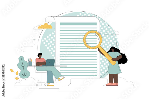 Signing a contract. Analysis, preparation, and review of documents. People examine the contract with a magnifying glass..eps
