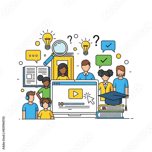 Diverse students engage in online learning and collaboration, sparking bright ideas and achieving success with digital tools and educational resources.