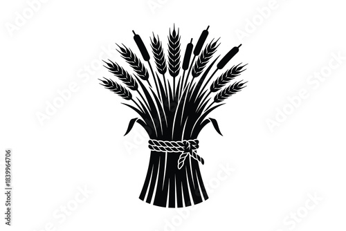 Bundle of wheat, rye, barley, corn or rice, cereal crop tied with rope, grain plant for farming symbol