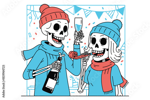 Skeleton Couple Celebrating New Year with Champagne and Party Horns