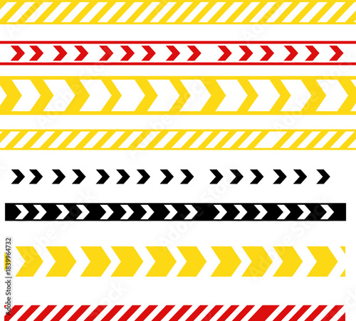 Yellow and black caution warning tape set for industrial safety, road, construction,Warning borders in construction work zone or crime scene. Danger, Attention tapes.