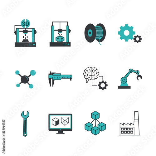 Modern industry icons showcasing innovation in 3D printing, manufacturing, engineering, and AI for business and technology concepts.