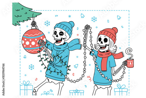 Skeleton Couple Decorating Christmas Tree with Ornaments and Lights Vector