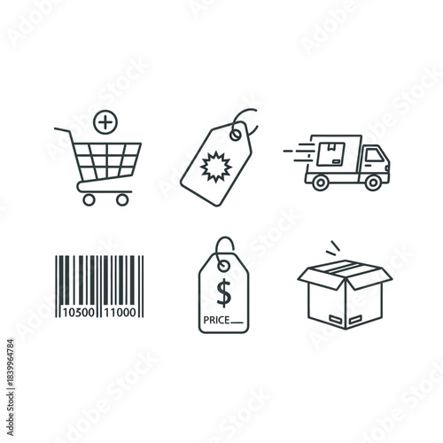 Streamline your business with these essential commerce icons including shopping cart, delivery truck, price tags, barcode, and open box for seamless operations and marketing.