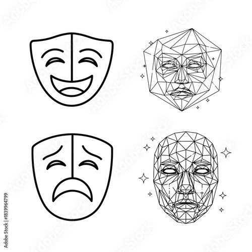 Capturing the duality of human emotion through iconic theater masks and modern geometric face art, symbolizing joy and sorrow.