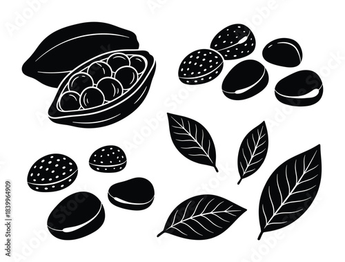 Cacao pods, beans, and leaves black silhouette elements for chocolate product isolated on white.