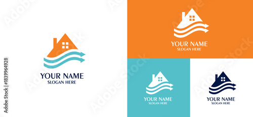 House Logo with Water Waves Symbolizing Housing, and Flow