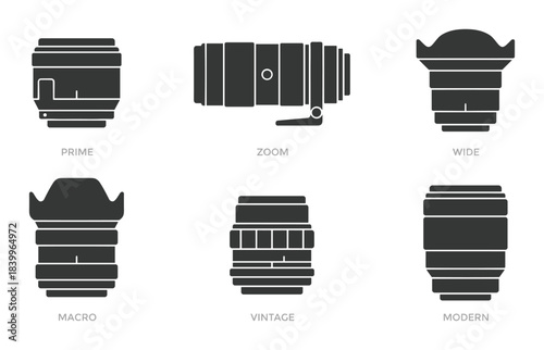 Camera lens icons photography equipment different lens types prime zoom wide macro modern designs