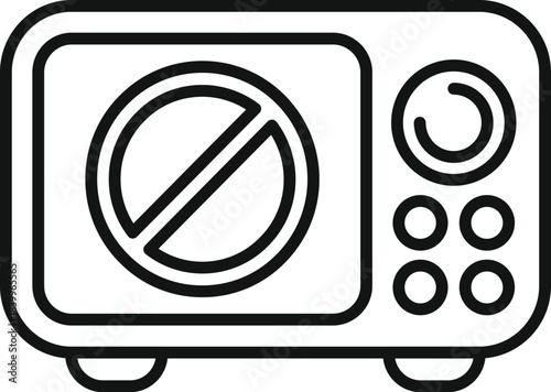 Microwave oven line art icon with a prohibition sign for non functioning appliance