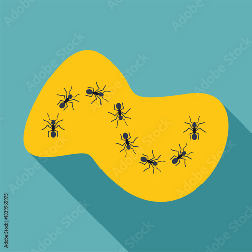 Ants forming a trail on a yellow path representing teamwork and collaboration