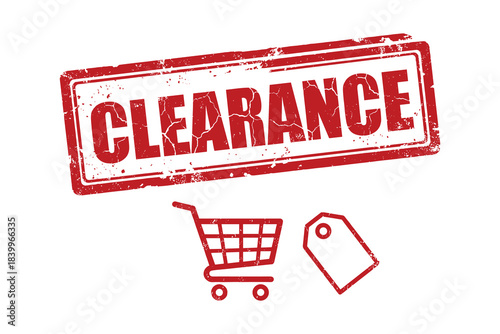 Clearance stamp, shopping cart, price tag. Final sale, stock reduction, bargain prices, retail event.