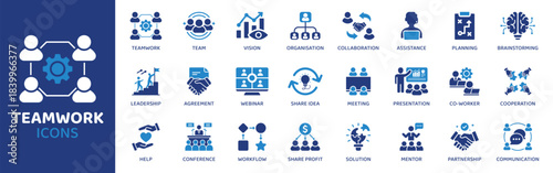 Teamwork flat icon set. Containing Icons as Team, Vision, Organisation, Collaboration, Assistance, Planning, Brainstorming and more. Solid Vector web icons collection.