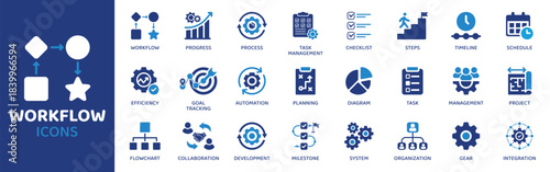 Workflow flat icon set. Containing Icons as Progress, Process, Task Management, Checklist, Steps, Timeline, Schedule and more. Solid Vector web icons collection.