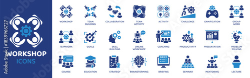 Workshop flat icon set. Containing Icons as Team Building, Collaboration, Team Activity, Activity, Challenge, Gamification, Group Work and more. Solid Vector web icons collection.