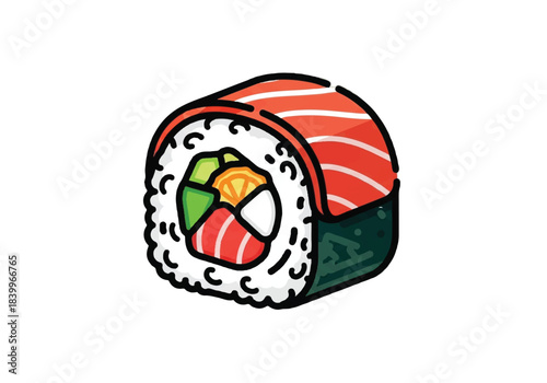 Colorful Sushi Roll Illustration with Salmon and Rice.