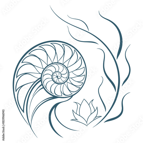 A delicate nautilus shell illustration with a blooming lotus flower design
