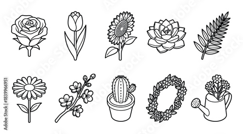 Collection of flower and plant outlines including rose, tulip, sunflower, succulent, fern, daisy, cherry blossom, cactus, flower wreath, and watering can with flowers. Line art illustration.