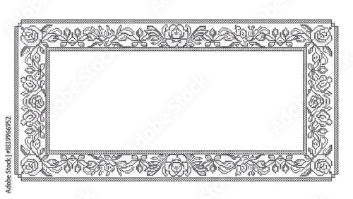 A rectangular ornamental frame with floral motifs and intricate scrollwork, rendered in a monochrome grey line art style.