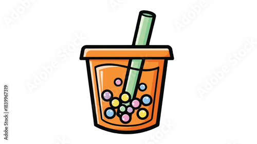 Cartoon Boba Tea Illustration with Colorful Tapioca Pearls and Straw.