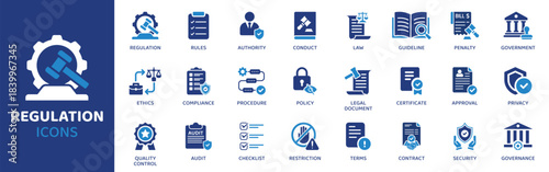 Regulation flat icon set. Containing Icons as Rules, Authority, Law, Guideline, Penalty, Government, Ethics and more. Solid Vector web icons collection.