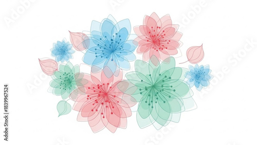 Floral Symphony: A captivating display of abstract flowers in shades of blue, red and green, offering a blend of delicate beauty and aesthetic grace.