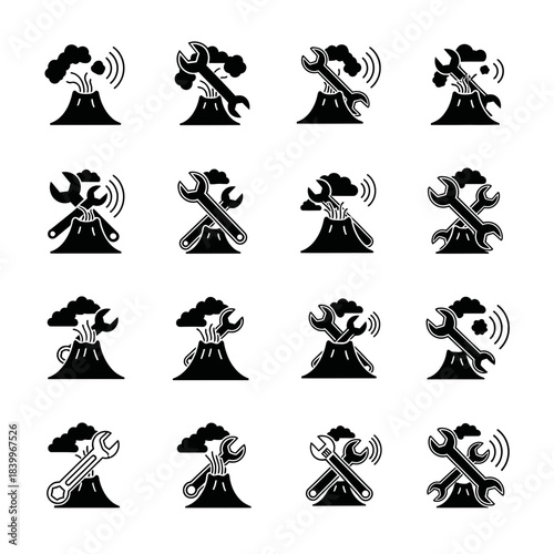 Volcanoes and Wrenches Icon Set, symbolizing powerful solutions, disaster recovery, or urgent repairs, originally a scalable vector graphic