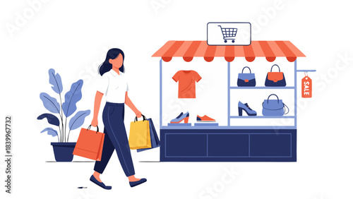 Woman walks past a small store displaying clothing and shoes carrying shopping bags illustration flat design style vibrant colors woman in white shirt and blue jeans shopping for fashion accessories
