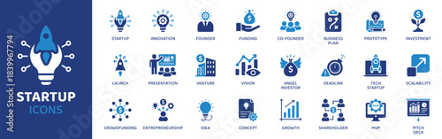 Startup flat icon set. Containing Icons as Innovation, Founder, Funding, Co-founder, Business Plan, Prototype, Investment and more. Solid Vector web icons collection.