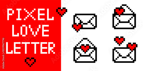 Pixel love letter envelope with red heart icon in retro videogame art style creating digital valentines mail concept for 8bit game graphics vector background and sweet celebration