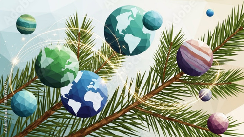 Celestial Ornaments: Festive sprigs adorned with stylized planetary spheres, symbolizing the interconnectedness of global ecosystems and the essence of universal harmony. 