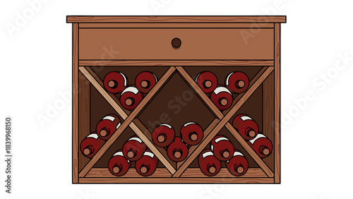 Wooden wine rack filled with many red wine bottles against a black background in a simple drawing style