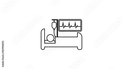 Medical illustration of nurse applying IV saline to patient, monitoring heart rate on monitor, healthcare treatment concept, patient care vector, hospital procedure design