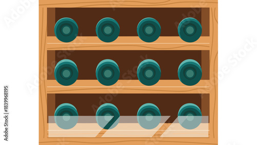 Wooden Wine Rack Filled With Teal Glass Bottles On Three Shelves With Clear Glass Front Displaying Contents