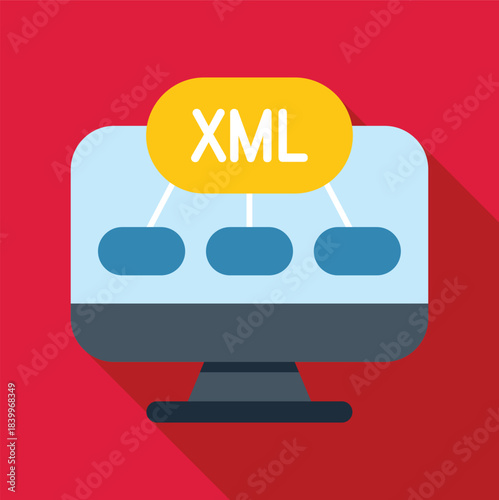 Computer monitor showing interconnected xml programming data structure in flat design