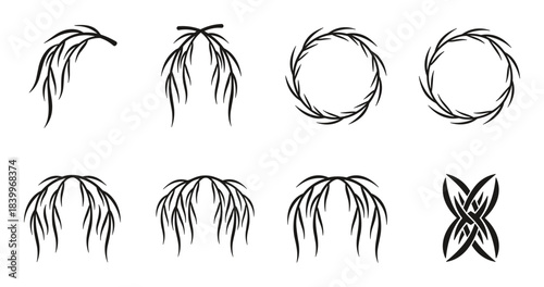Collection of willow branches including arc shapes, wreaths, and a stylized celtic knot design.