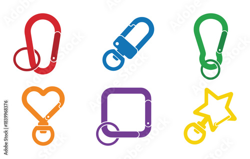 Colorful carabiner and keychain clasp icons. Different shapes including heart, square, and star.