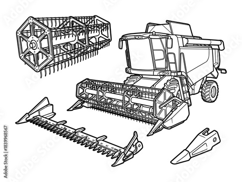 Combine harvester machinery. Agricultural equipment. Header attachment. Reel and cutter bar. Farm technology.