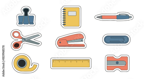 Assorted office supplies icons collection on black background