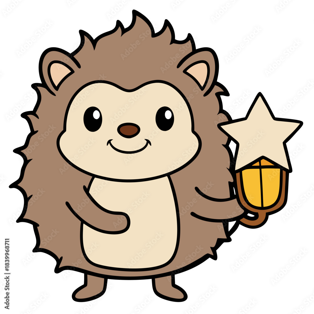 Fototapeta premium Cute hedgehog holds a glass flashlight with a firefly inside. Vector illustration in cartoon style. Isolated on a white background. 