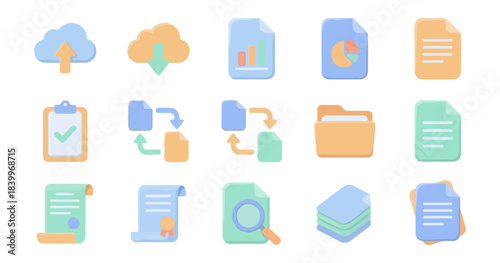 Digital icons illustrating cloud computing data storage and document management