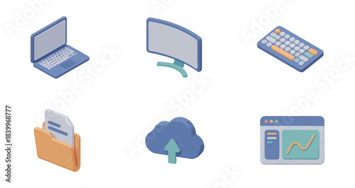 Isometric icon set of computer devices and cloud data
