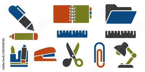 Office supplies and stationery icons isolated on black background