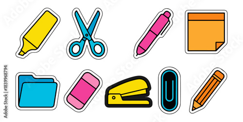 Office supplies isolated on black background for design and business