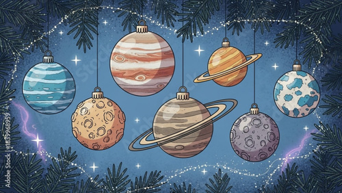 Celestial Ornaments: Festive planets adorn a decorated Christmas tree. Showcasing a delightful blend of astronomy and holiday spirit.