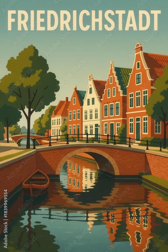 Obraz premium Vintage illustration of Friedrichstadt with traditional gabled houses along a peaceful canal crossed by brick bridges and a small boat reflected in the water