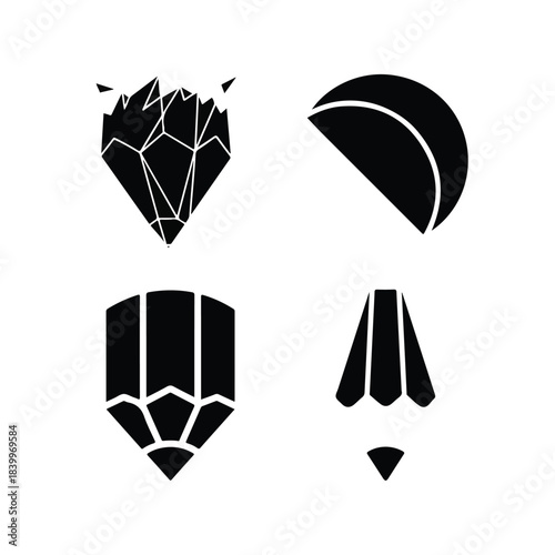 Four black and white geometric shapes on a plain white background, including a crystal, a crescent, a shield, and a wing-like object.
