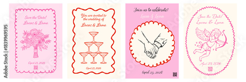 Romantic whimsical wedding invitation set. Hand drawn card in sketch style with bouquet, champagne glasses tower, holding hands and playful cupid.