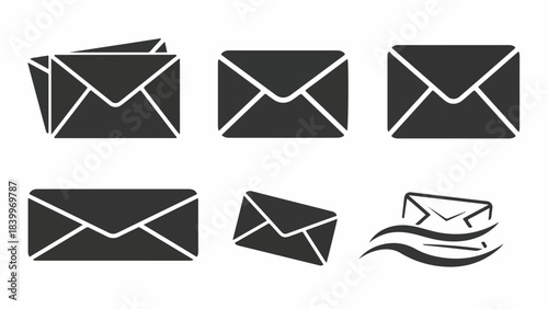 Graphic illustration of various black and white envelope icons on a plain white background.