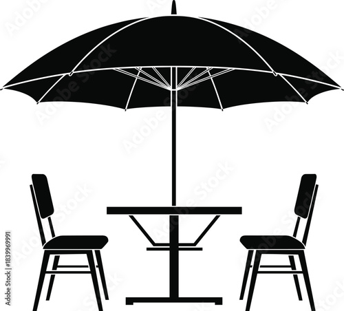 Silhouette illustration of an outdoor patio setup featuring a table, two chairs, and a large umbrella, ideal for café scenes, garden designs, and summer graphics