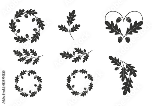 Decorative oak branches and acorn wreaths. Natural frame borders. Heart shapes for design elements.